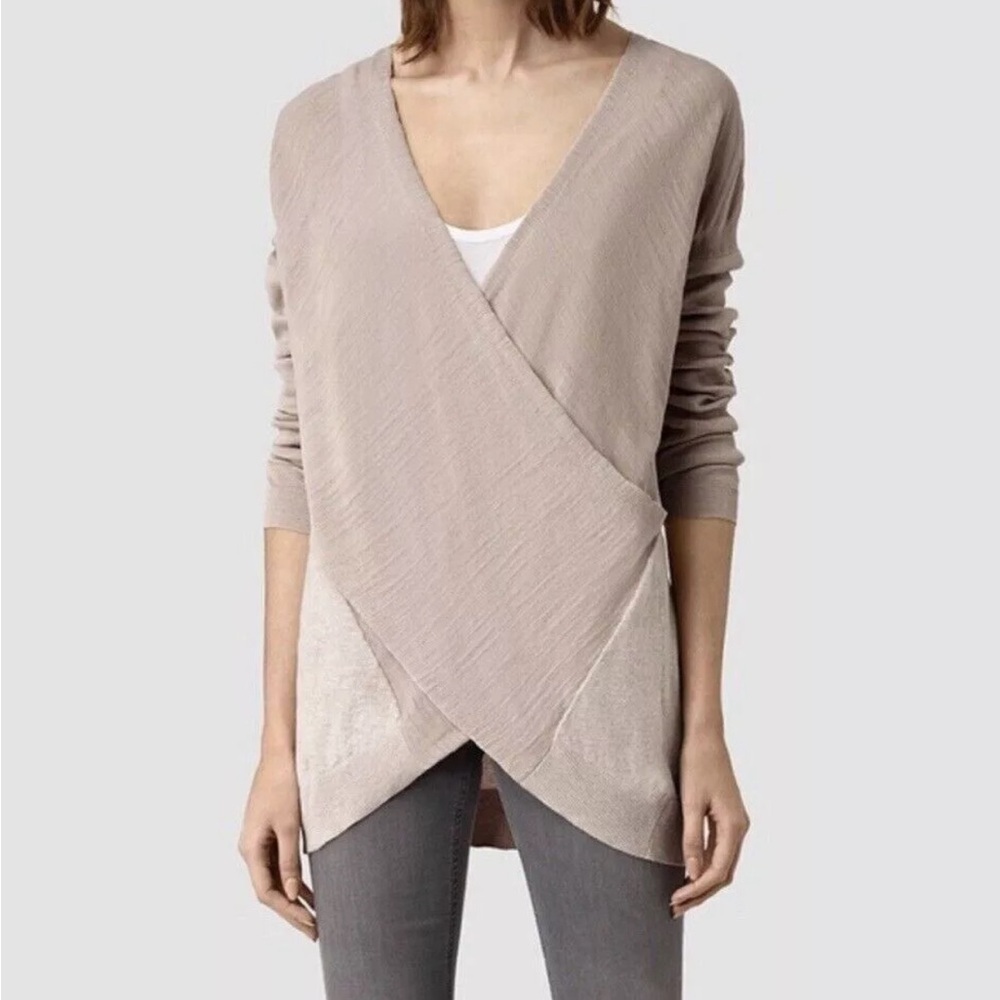 ALLSAINTS Twist Jumper Sweater Womens L Beige Long Sleeve Pullover Cotton